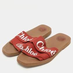 Chloe Burgundy Logo Print Canvas Woody Flat Slides Size 39