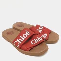 Chloe Burgundy Logo Print Canvas Woody Flat Slides Size 39