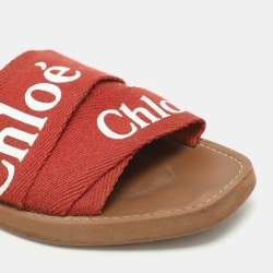 Chloe Burgundy Logo Print Canvas Woody Flat Slides Size 39