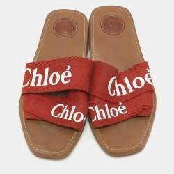 Chloe Burgundy Logo Print Canvas Woody Flat Slides Size 39