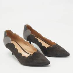 Chloe Grey/Black  Lizard Embossed Leather and Suede Scalloped Pointed Toe Pumps Size 40.5