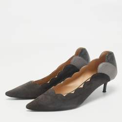 Chloe Grey/Black  Lizard Embossed Leather and Suede Scalloped Pointed Toe Pumps Size 40.5
