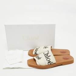 Chloe Off White Logo Print Canvas Woody Flat Slides Size 37