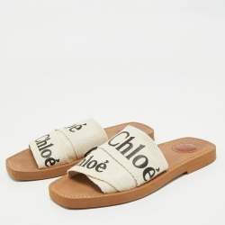Chloe Off White Logo Print Canvas Woody Flat Slides Size 37