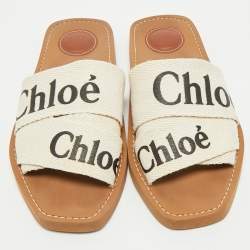 Chloe Off White Logo Print Canvas Woody Flat Slides Size 37