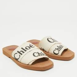 Chloe Off White Logo Print Canvas Woody Flat Slides Size 37