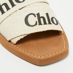 Chloe Off White Logo Print Canvas Woody Flat Slides Size 37
