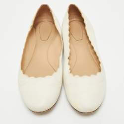 Pre Owned Chloe White Leather Lauren Scalloped Ballet Flats Size 38