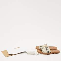 Chloe Off White Logo Print Canvas Woody Flat Slides Size 38