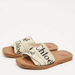 Chloe Off White Logo Print Canvas Woody Flat Slides Size 38