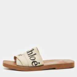 Chloe Off White Logo Print Canvas Woody Flat Slides Size 38