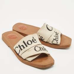 Chloe Off White Logo Print Canvas Woody Flat Slides Size 38