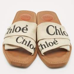 Chloe Off White Logo Print Canvas Woody Flat Slides Size 38