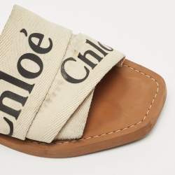 Chloe Off White Logo Print Canvas Woody Flat Slides Size 38