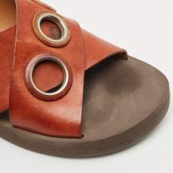 Pre Owned Chloe Brown Leather Crisscross Flat Slide Size 37