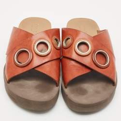 Pre Owned Chloe Brown Leather Crisscross Flat Slide Size 37