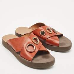 Pre Owned Chloe Brown Leather Crisscross Flat Slide Size 37