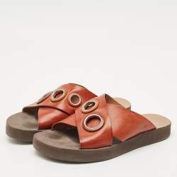 Pre Owned Chloe Brown Leather Crisscross Flat Slide Size 37