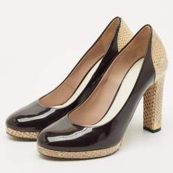 Chloe Black/Beige Patent Leather and Snakeskin Round Toe Pumps Size 36