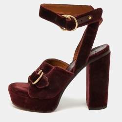 Chloe Burgundy Velvet T Chunky High Heel Ankle Strap Sandals Size 36
