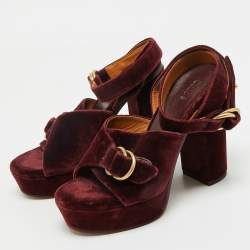 Chloe Burgundy Velvet T Chunky High Heel Ankle Strap Sandals Size 36