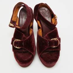 Pre Owned Chloe Burgundy Velvet T Chunky High Heel Ankle Strap Sandals Size 36
