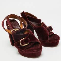 Pre Owned Chloe Burgundy Velvet T Chunky High Heel Ankle Strap Sandals Size 36