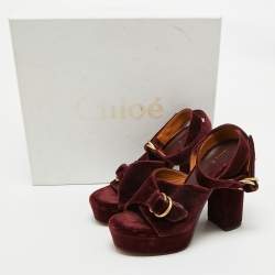 Pre Owned Chloe Burgundy Velvet T Chunky High Heel Ankle Strap Sandals Size 36