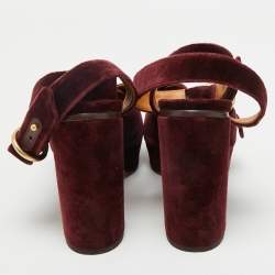 Pre Owned Chloe Burgundy Velvet T Chunky High Heel Ankle Strap Sandals Size 36