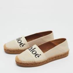Pre Owned Chloe Cream Leather and Logo Canvas Woody Espadrille Flats Size 37