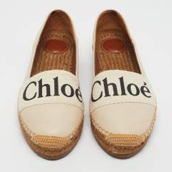 Pre Owned Chloe Cream Leather and Logo Canvas Woody Espadrille Flats Size 37