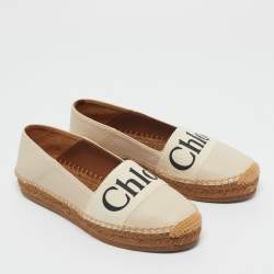 Pre Owned Chloe Cream Leather and Logo Canvas Woody Espadrille Flats Size 37