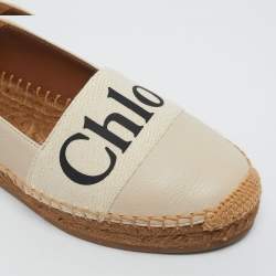 Pre Owned Chloe Cream Leather and Logo Canvas Woody Espadrille Flats Size 37
