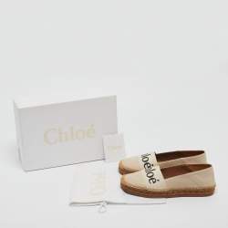 Pre Owned Chloe Cream Leather and Logo Canvas Woody Espadrille Flats Size 37