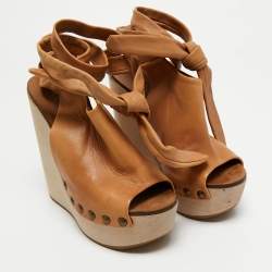 Pre Owned صندل كلوي منصة رابطة كاحل جلد بني مقاس 36