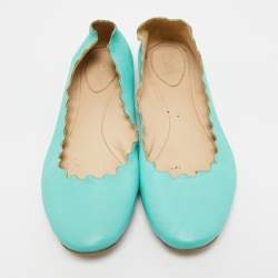 Pre Owned Chloe Turquoise Blue Leather Lauren Scalloped Ballet Flats Size 37