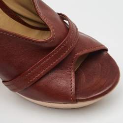 Pre Owned Chloe Brown Leather Lucite and Wood Chunky Heel Platform Pumps 37.5