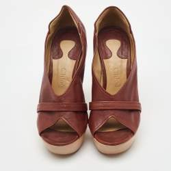 Pre Owned Chloe Brown Leather Lucite and Wood Chunky Heel Platform Pumps 37.5