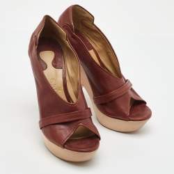 Pre Owned Chloe Brown Leather Lucite and Wood Chunky Heel Platform Pumps 37.5