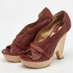 Pre Owned Chloe Brown Leather Lucite and Wood Chunky Heel Platform Pumps 37.5