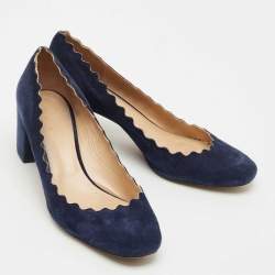 Pre Owned Chloe Navy Blue Scalloped Suede Lauren Pumps Size 38.5