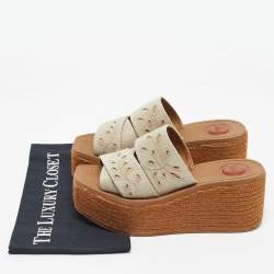 Pre Owned Chloe Beige/Brown Embroidered Canvas Woody Platform Espadrille Sandals Size 38