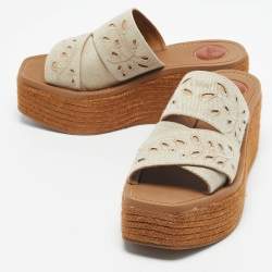 Pre Owned Chloe Beige/Brown Embroidered Canvas Woody Platform Espadrille Sandals Size 38