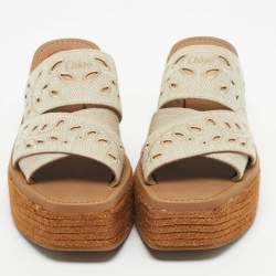 Pre Owned Chloe Beige/Brown Embroidered Canvas Woody Platform Espadrille Sandals Size 38