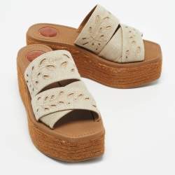 Pre Owned Chloe Beige/Brown Embroidered Canvas Woody Platform Espadrille Sandals Size 38