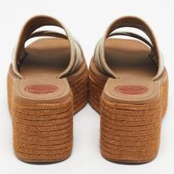 Pre Owned Chloe Beige/Brown Embroidered Canvas Woody Platform Espadrille Sandals Size 38