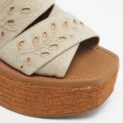 Pre Owned Chloe Beige/Brown Embroidered Canvas Woody Platform Espadrille Sandals Size 38