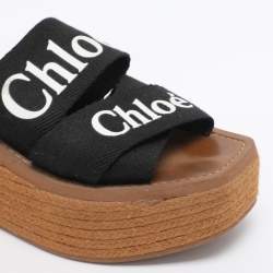 مملوكة مسبقًا صندل سلايد منصة كلوى قماش أسود بطبعة شعار خاص على الوتد مقاس 38