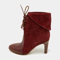 Pre Owned Chloe Burgundy Suede and Leather Kole Lace Up Booties Size 38