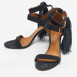 Pre Owned Chloe Navy Blue Suede Fringe Detail Ankle Strap Sandals Size 40.5